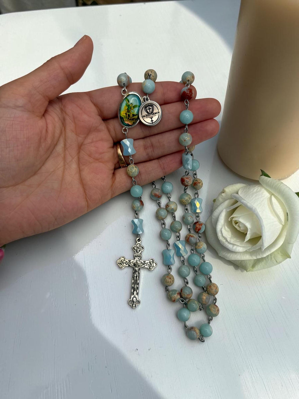 St. Michael Amazonite and Jasper Rosary detail view