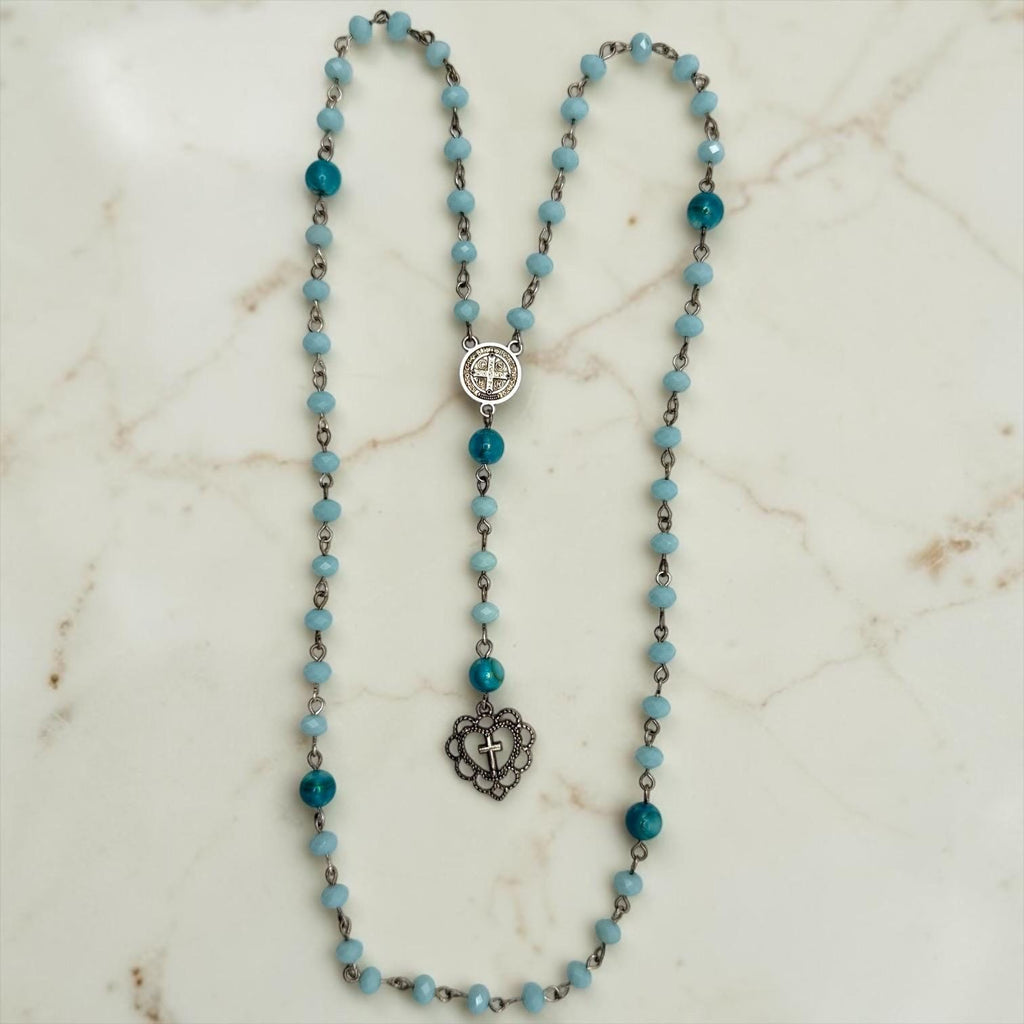 Aqua Crystal St. Benedict Rosary with heart cross
