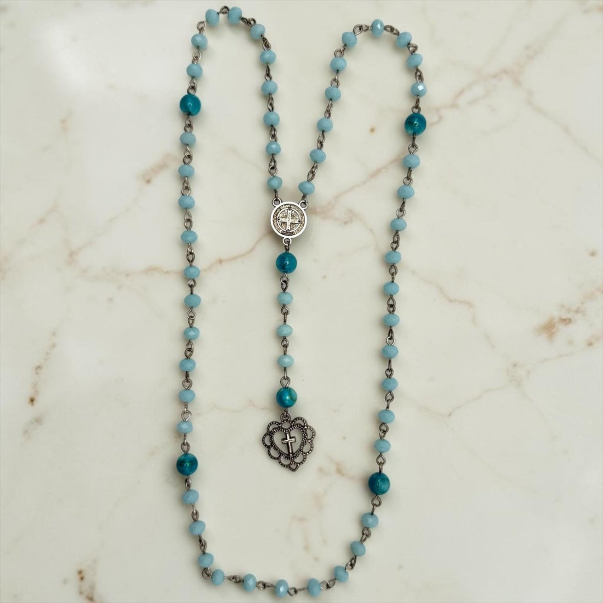 Aqua Crystal St. Benedict Rosary with heart cross