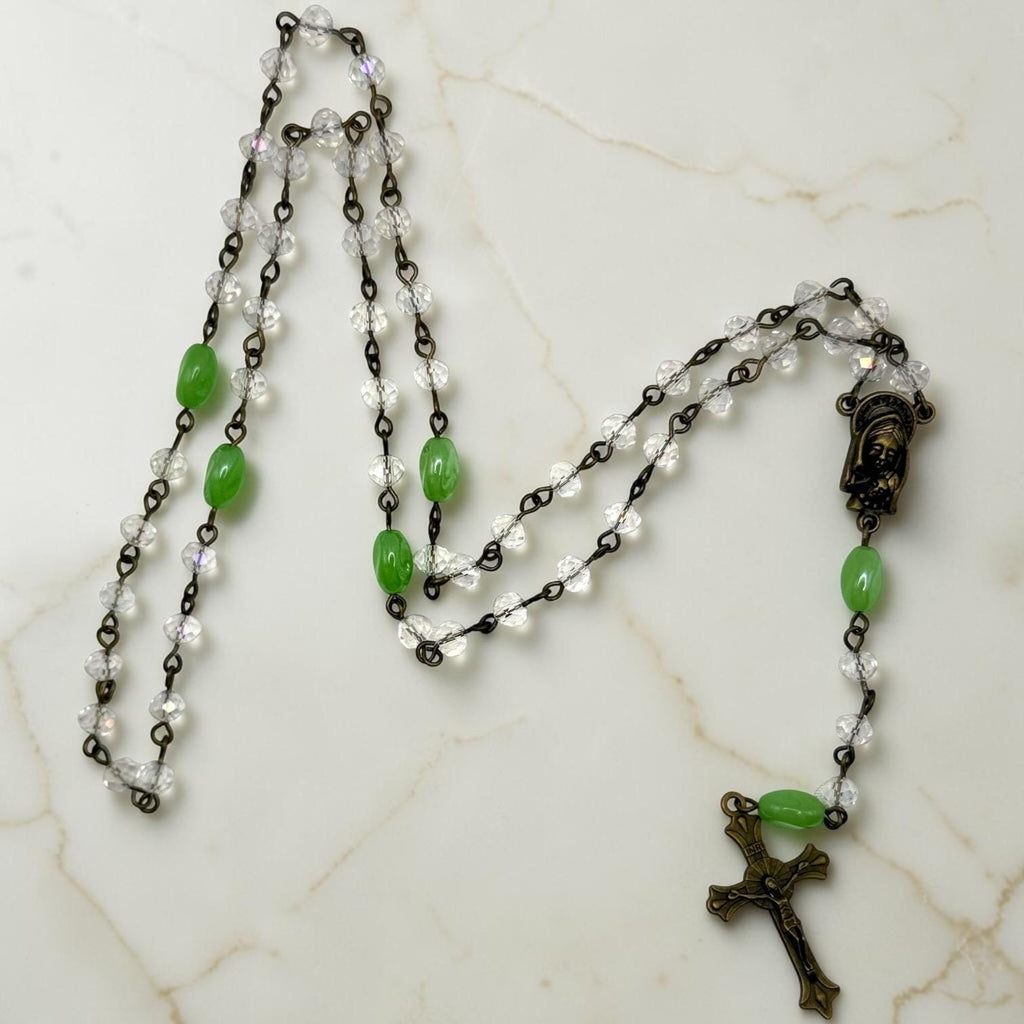 Green Crystal Madonna and Child Rosary alternate view
