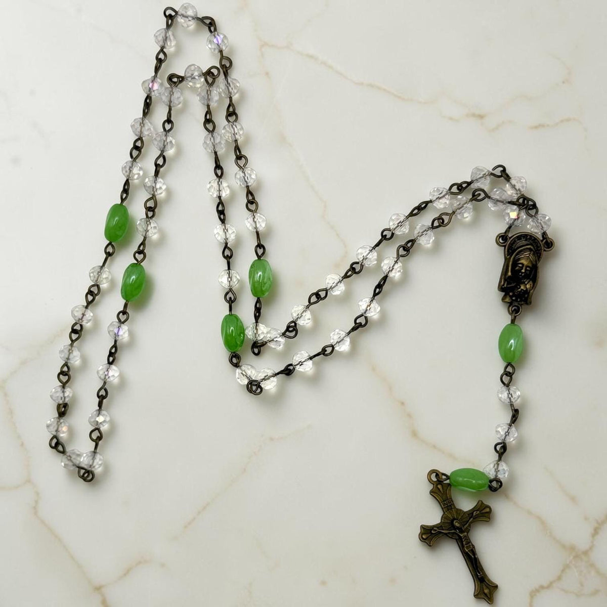 Green Crystal Madonna and Child Rosary alternate view