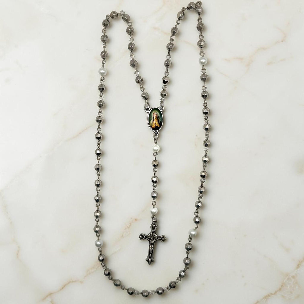 Silver Metallic and White Pearl Immaculate Heart Rosary