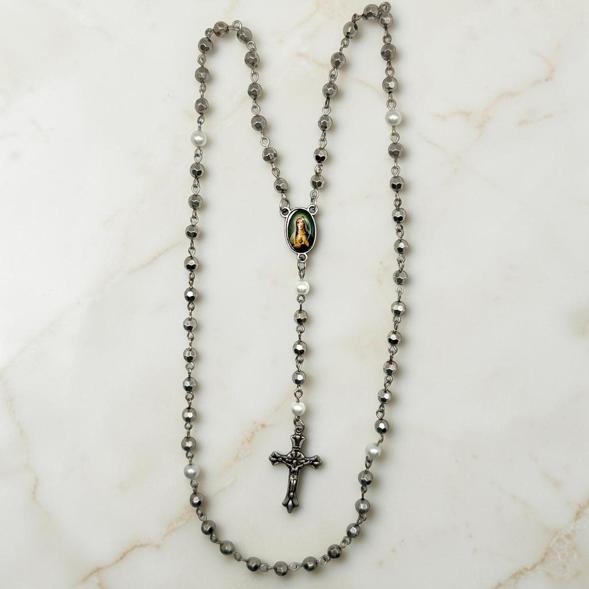 Silver Metallic and White Pearl Immaculate Heart Rosary