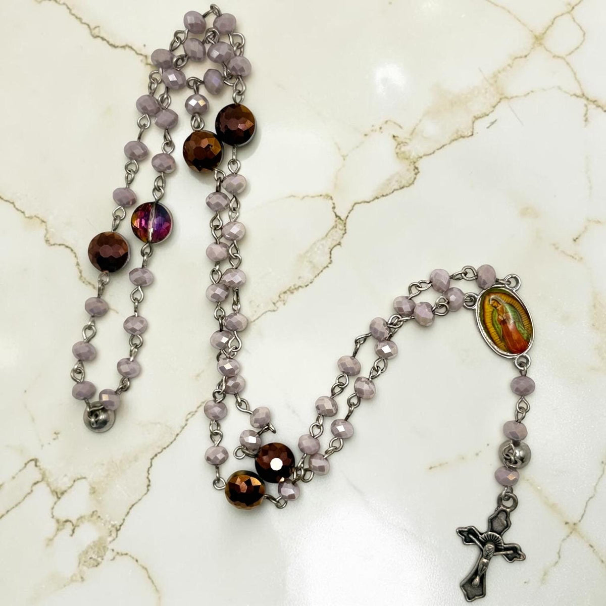 Purple magnetic rosary bracelet detail view