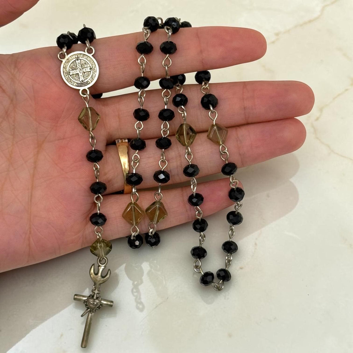 Black Faceted Crystal St. Benedict Rosary detail view