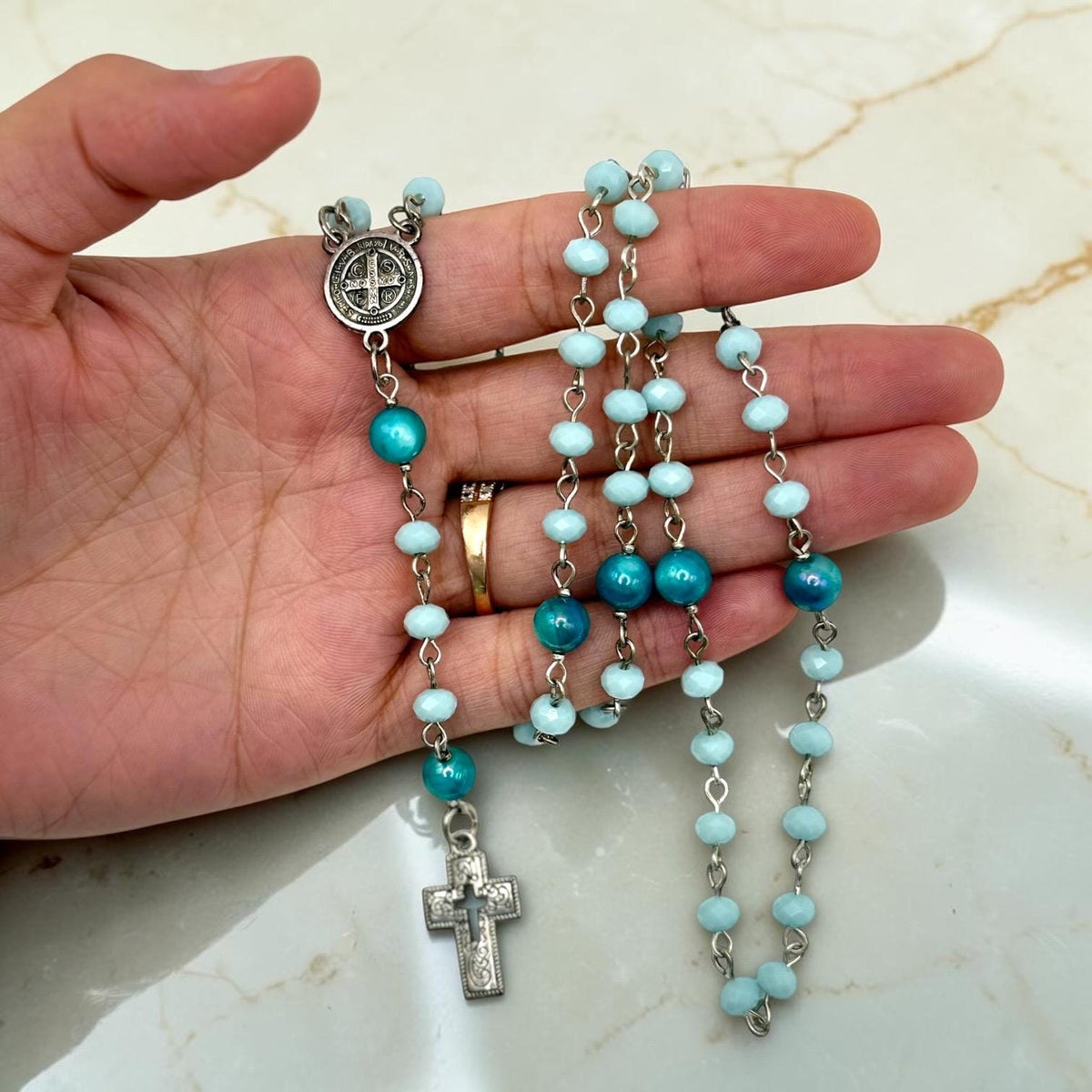 Aqua Crystal St. Benedict Rosary detail view