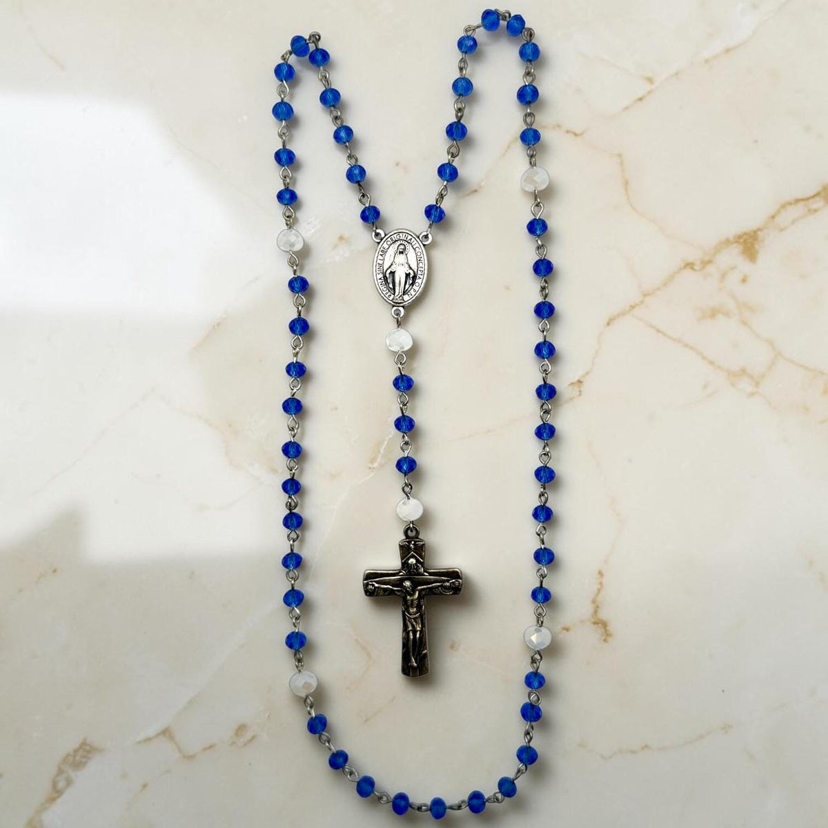 Blue Miraculous Medal Rosary with Holy Trinity crucifix