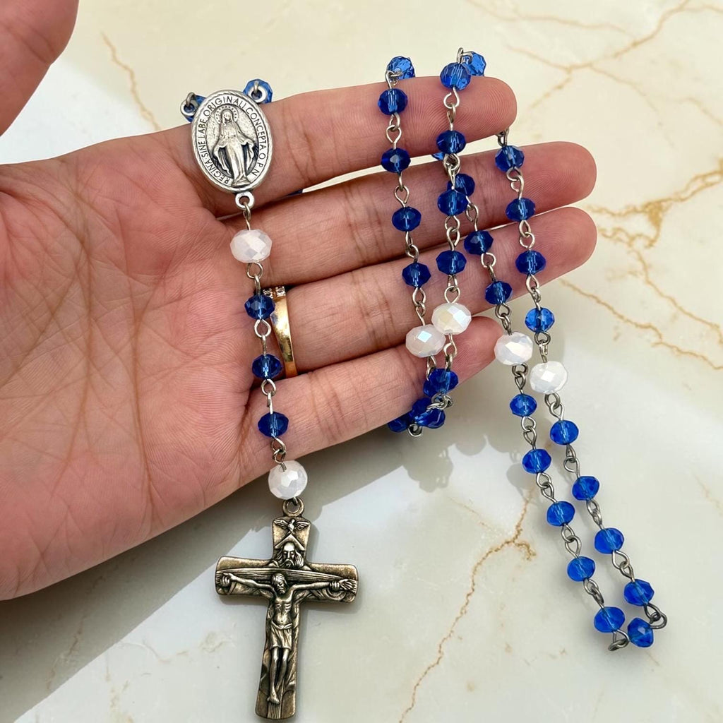 Blue Miraculous Medal Rosary crucifix detail