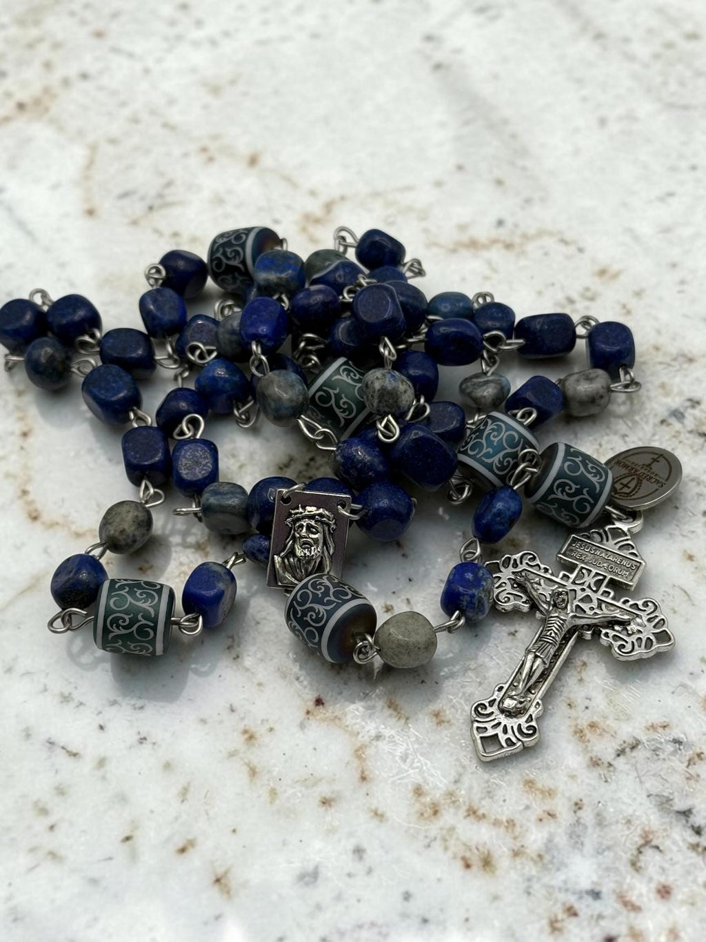 Blue Lapis Mary and Jesus Rosary detail view
