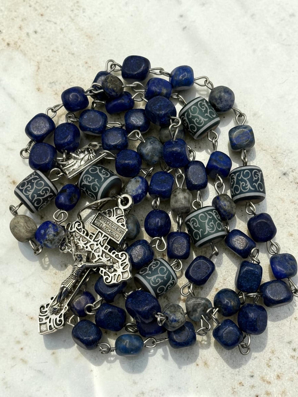 Blue Lapis Mary and Jesus Rosary crucifix detail