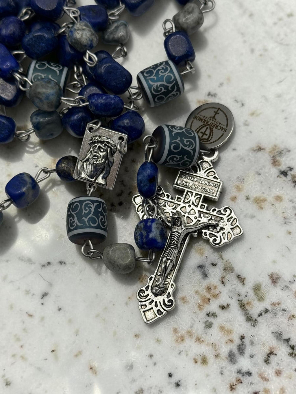 Blue Lapis Mary and Jesus Rosary additional view