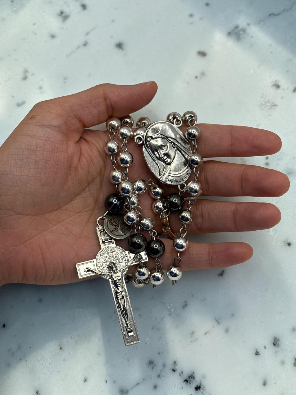 Silver Hematite Medjugorje Rosary prayer beads detail