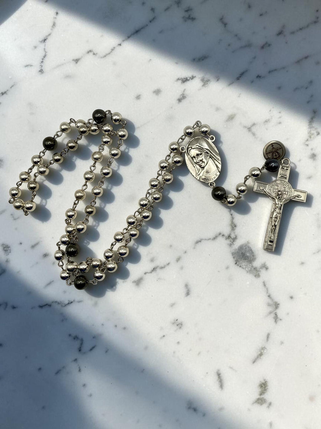 Silver Hematite Medjugorje Rosary crucifix detail