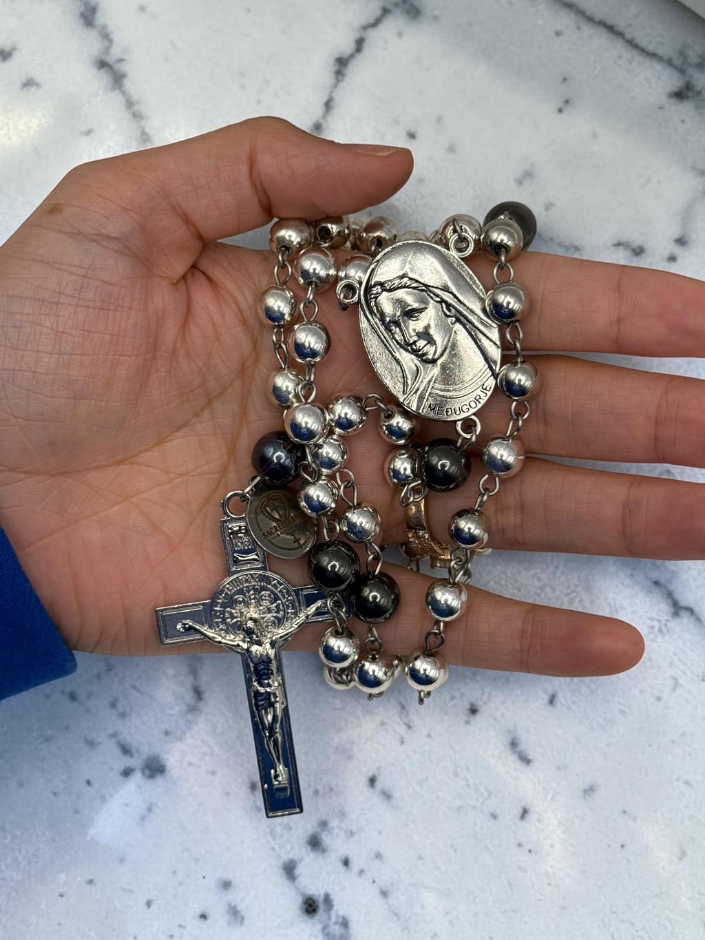 Silver Hematite Medjugorje Rosary devotional detail