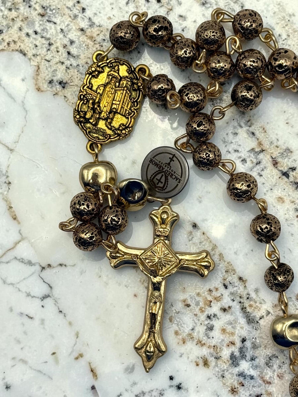Our Lady of Fatima Lava Stone Rosary devotional detail