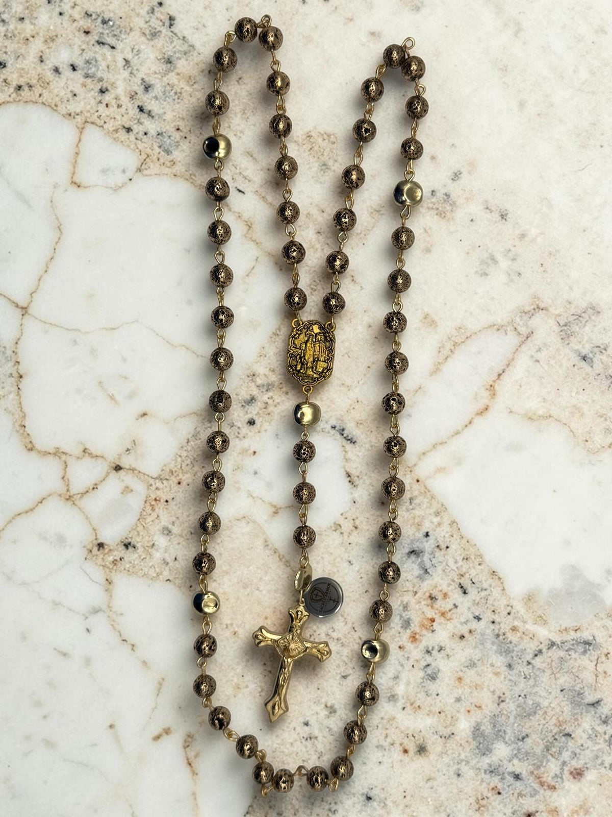 Our Lady of Fatima Bronze Lava Stone Rosary prayer beads detail