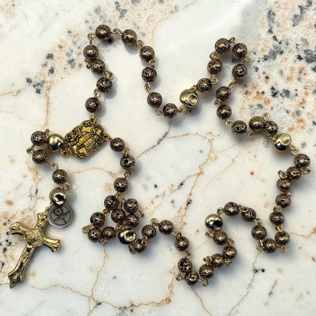 Our Lady of Fatima Lava Stone Rosary crucifix detail