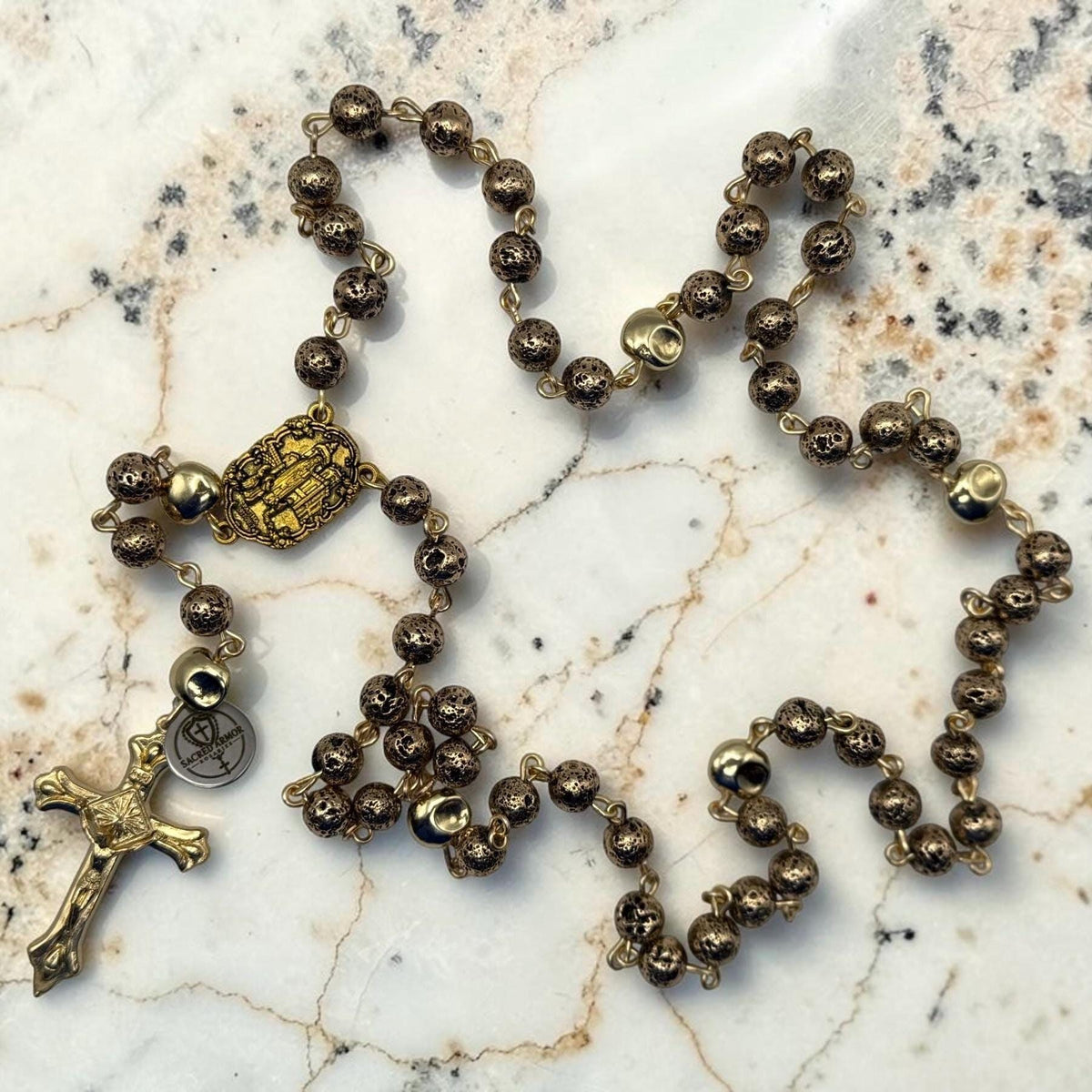 Our Lady of Fatima Lava Stone Rosary crucifix detail