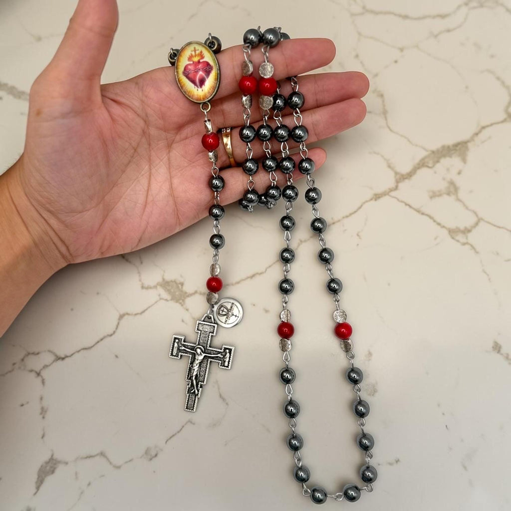 Heavy Hematite Sacred Heart Rosary detail view