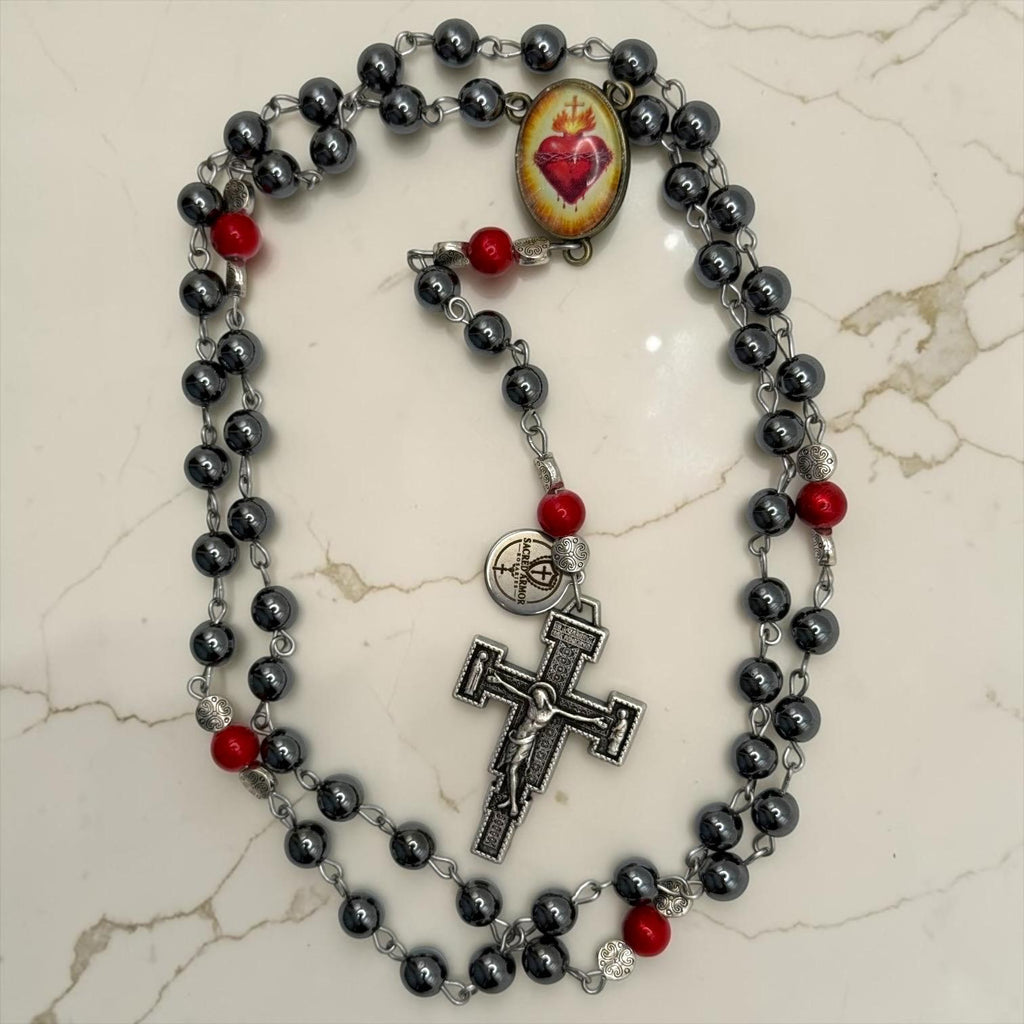 Heavy Hematite Sacred Heart Rosary with red accents