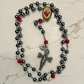 Heavy Hematite Sacred Heart Rosary with red accents