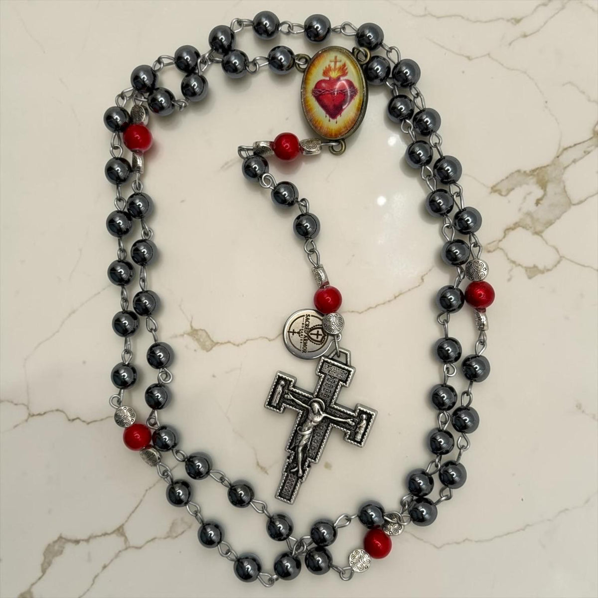 Heavy Hematite Sacred Heart Rosary with red accents