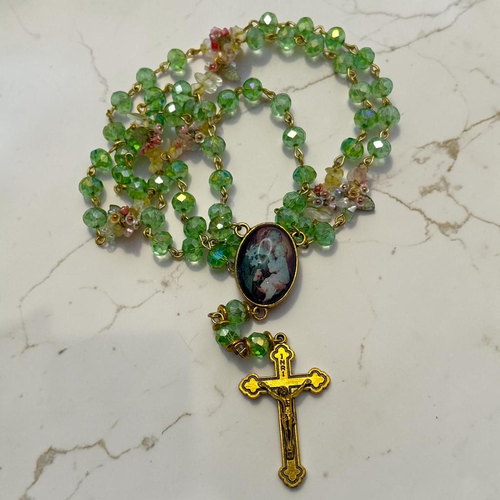 St. Joseph and Jesus centerpiece detail on green crystal chaplet
