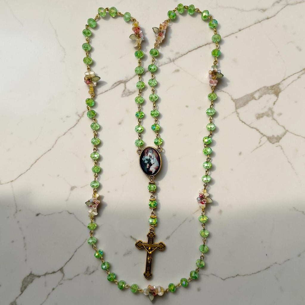 Green Crystal St. Joseph 8 Mysteries Chaplet with floral beads