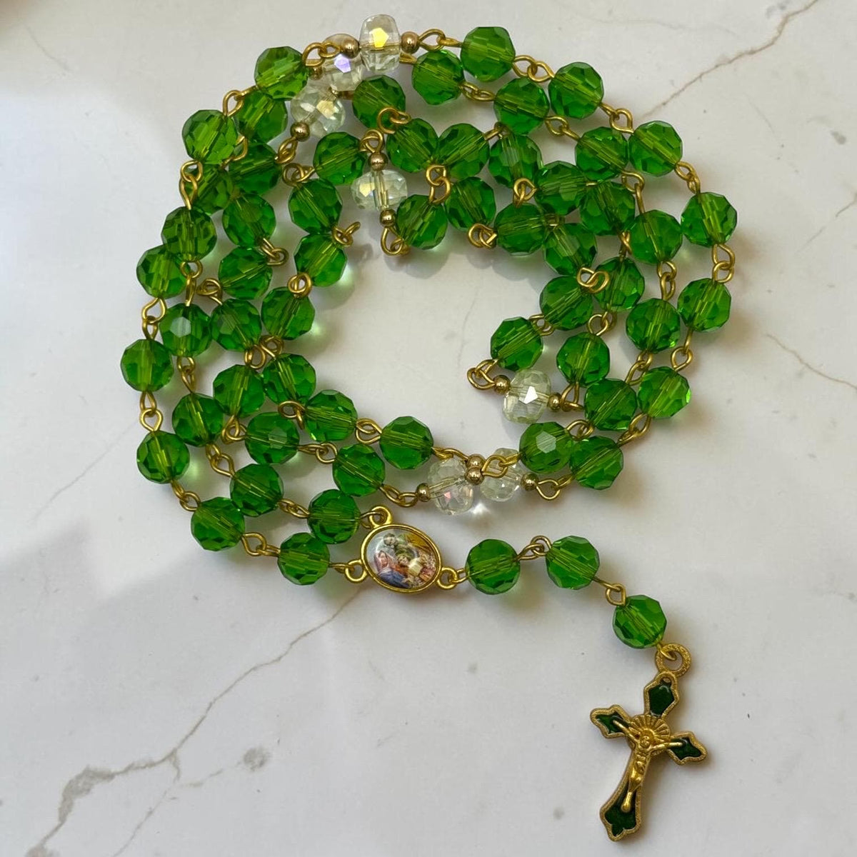 Green Crystal Holy Family St. Joseph 8 Mysteries Chaplet