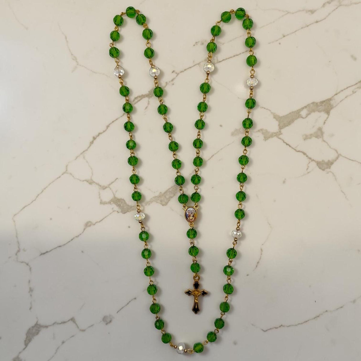 Green Crystal St. Joseph Chaplet detail view