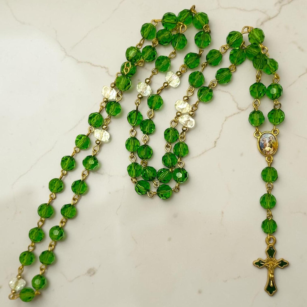 Green Crystal St. Joseph Chaplet devotional detail