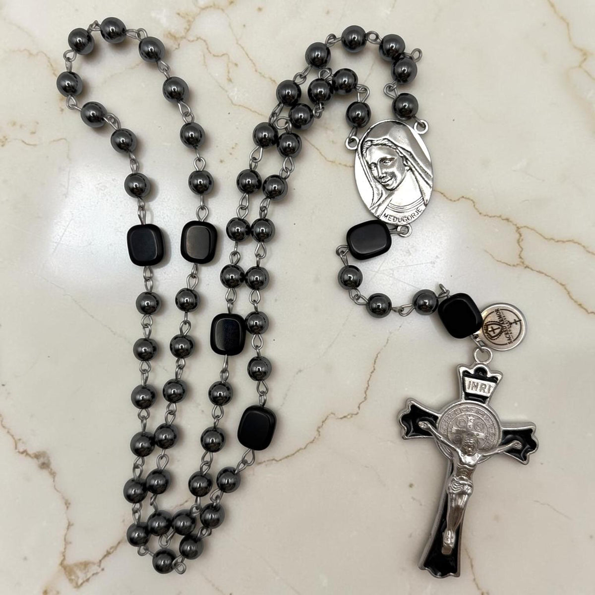 Heavy Hematite Medjugorje Rosary with large St. Benedict crucifix