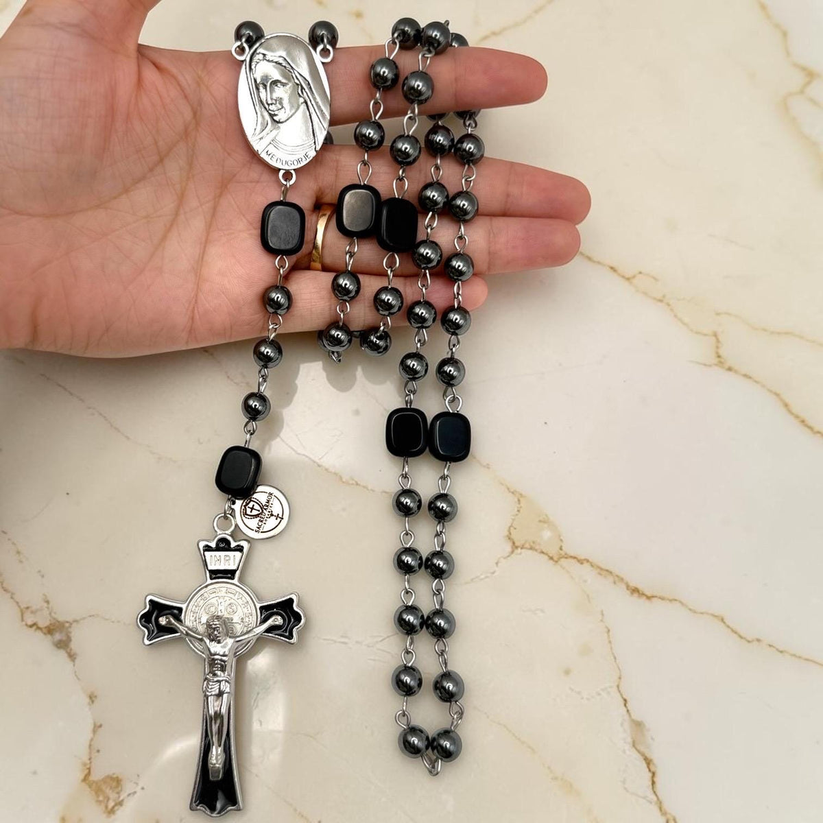 Heavy Hematite Medjugorje Rosary detail view