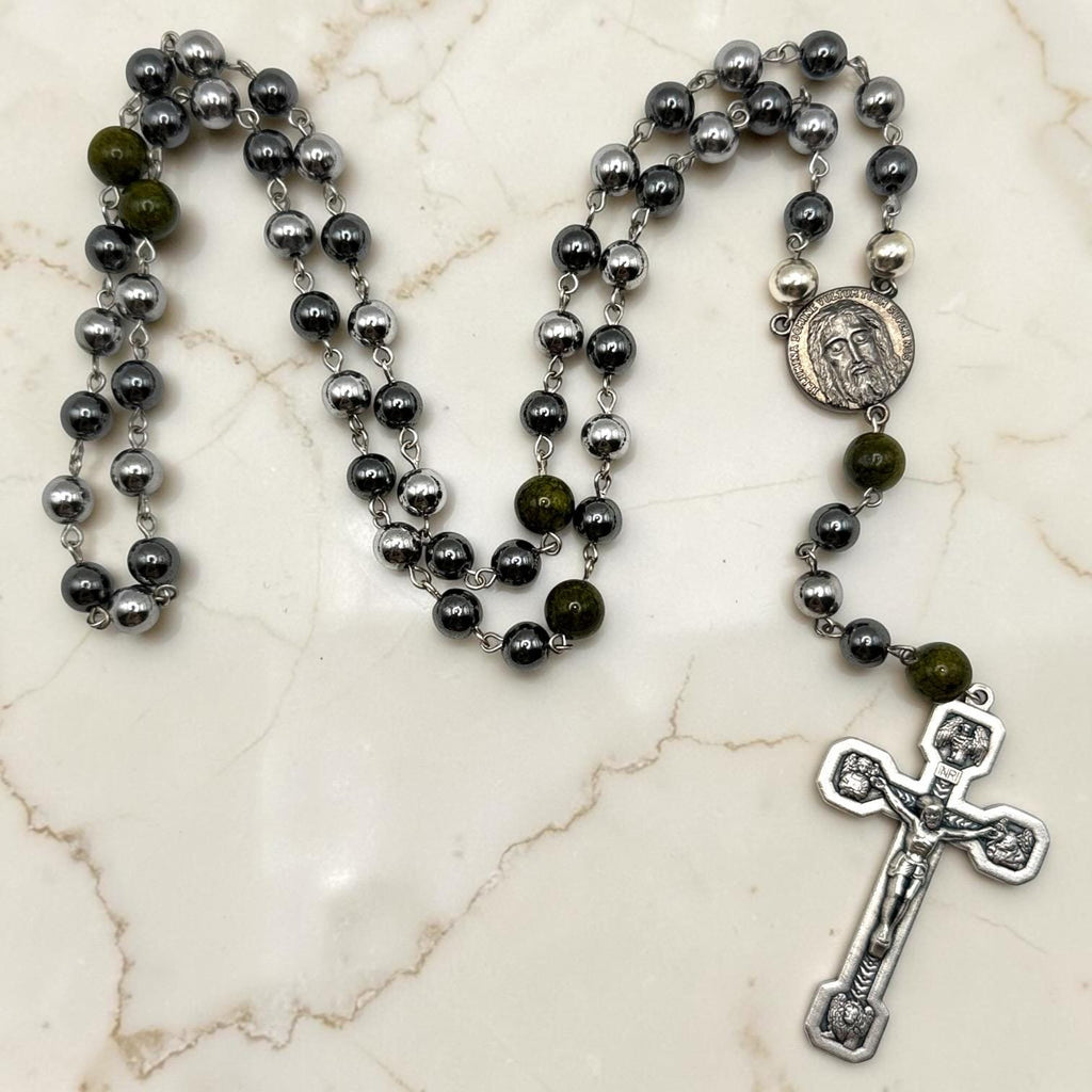Hematite Holy Face of Jesus Rosary with green stone accents
