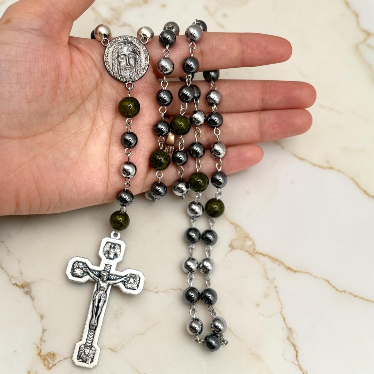 Hematite Holy Face of Jesus Rosary crucifix detail