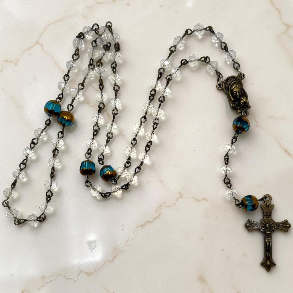 Antique Bronze Blue Crystal Mary and Baby Jesus Sacred Heart Rosary