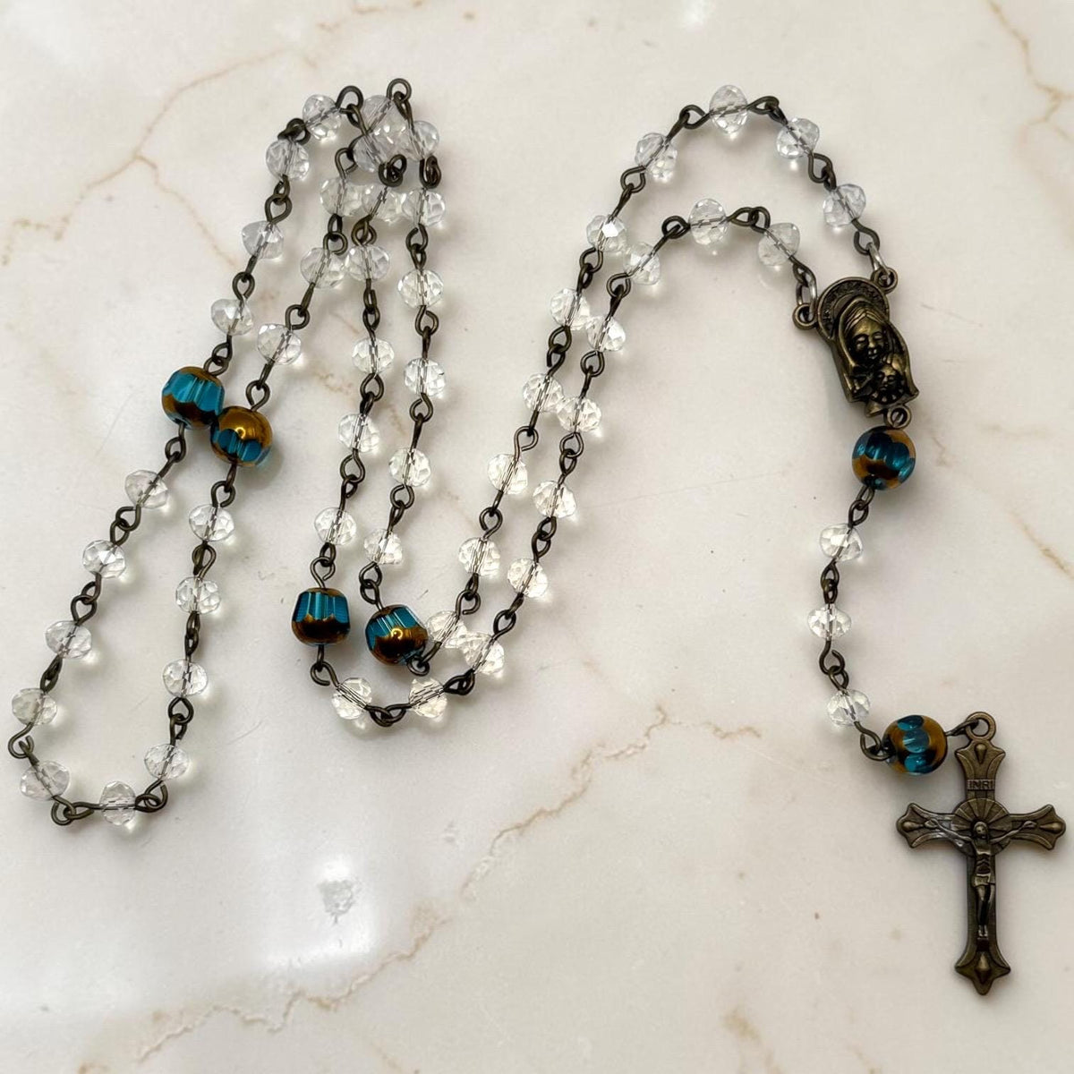 Antique Bronze Blue Crystal Mary and Baby Jesus Sacred Heart Rosary