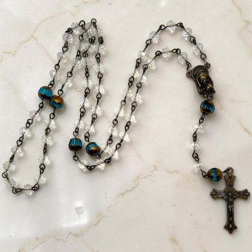 Antique Bronze Blue Crystal Mary and Baby Jesus Sacred Heart Rosary