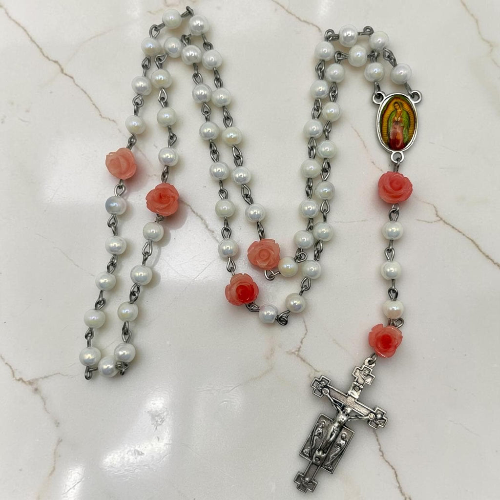 Pink Rose and Pearl Our Lady of Guadalupe Rosary