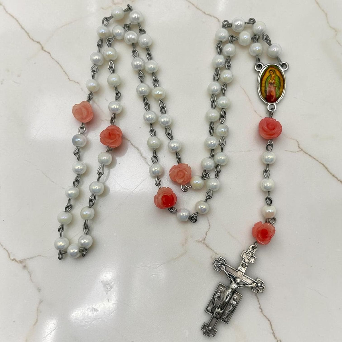 Pink Rose and Pearl Our Lady of Guadalupe Rosary
