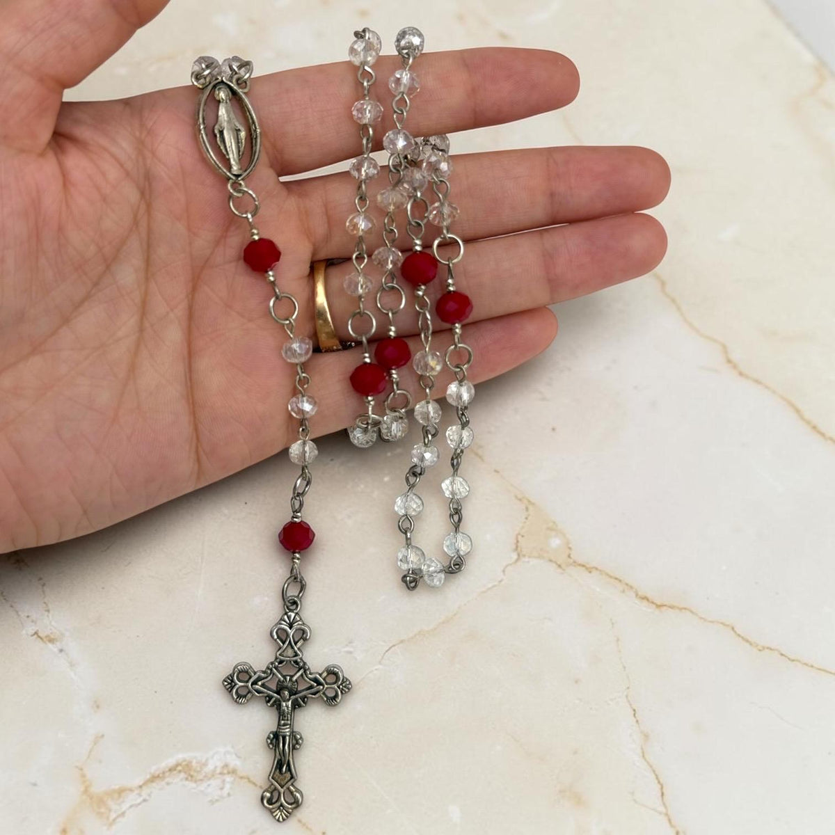 Clear and Red Crystal Miraculous Medal Rosary additional view