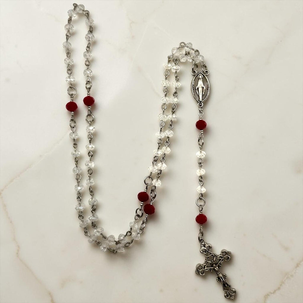 Clear and Red Crystal Miraculous Medal Rosary