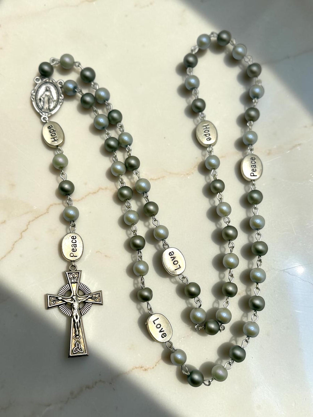 Love Hope Peace gray and white pearl Miraculous Medal Rosary