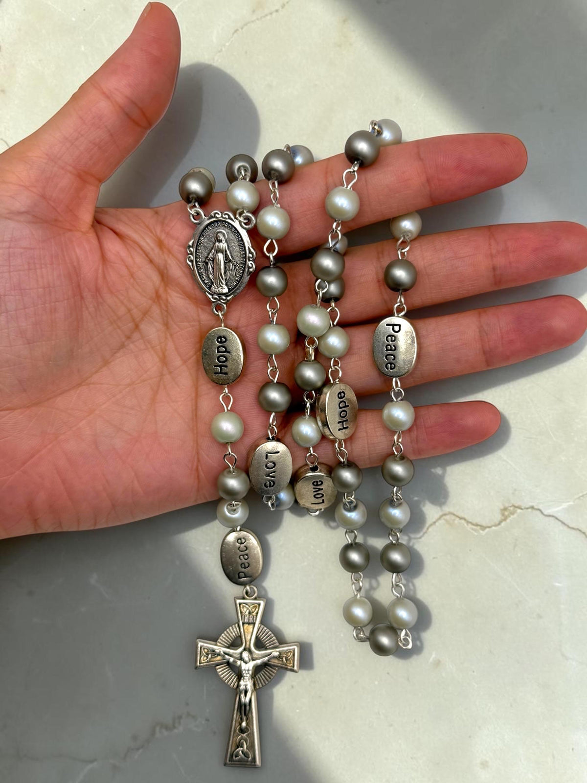 Love Hope Peace pearl rosary detail view