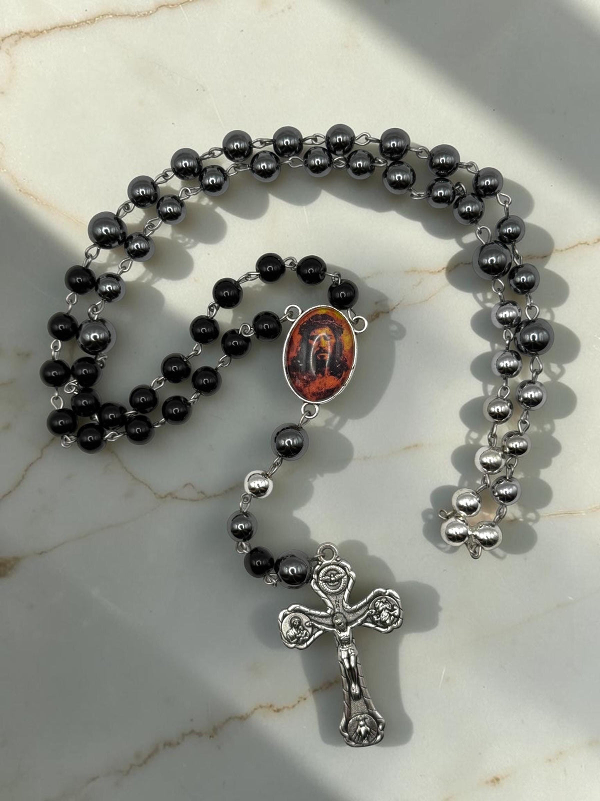Holy Face of Jesus Black Hematite Rosary