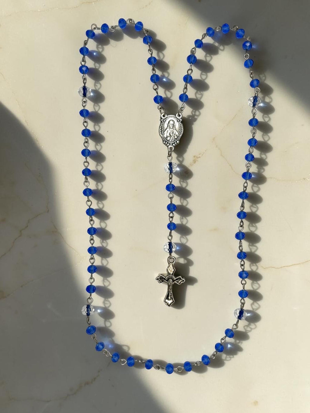 Blue Crystal Immaculate Heart Rosary with ornate cross