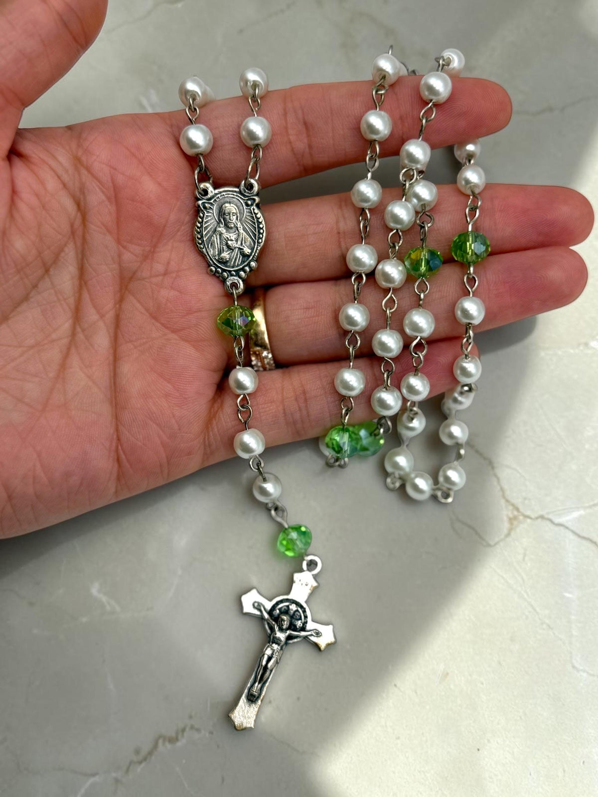 White Pearl Immaculate Heart Rosary alternate view