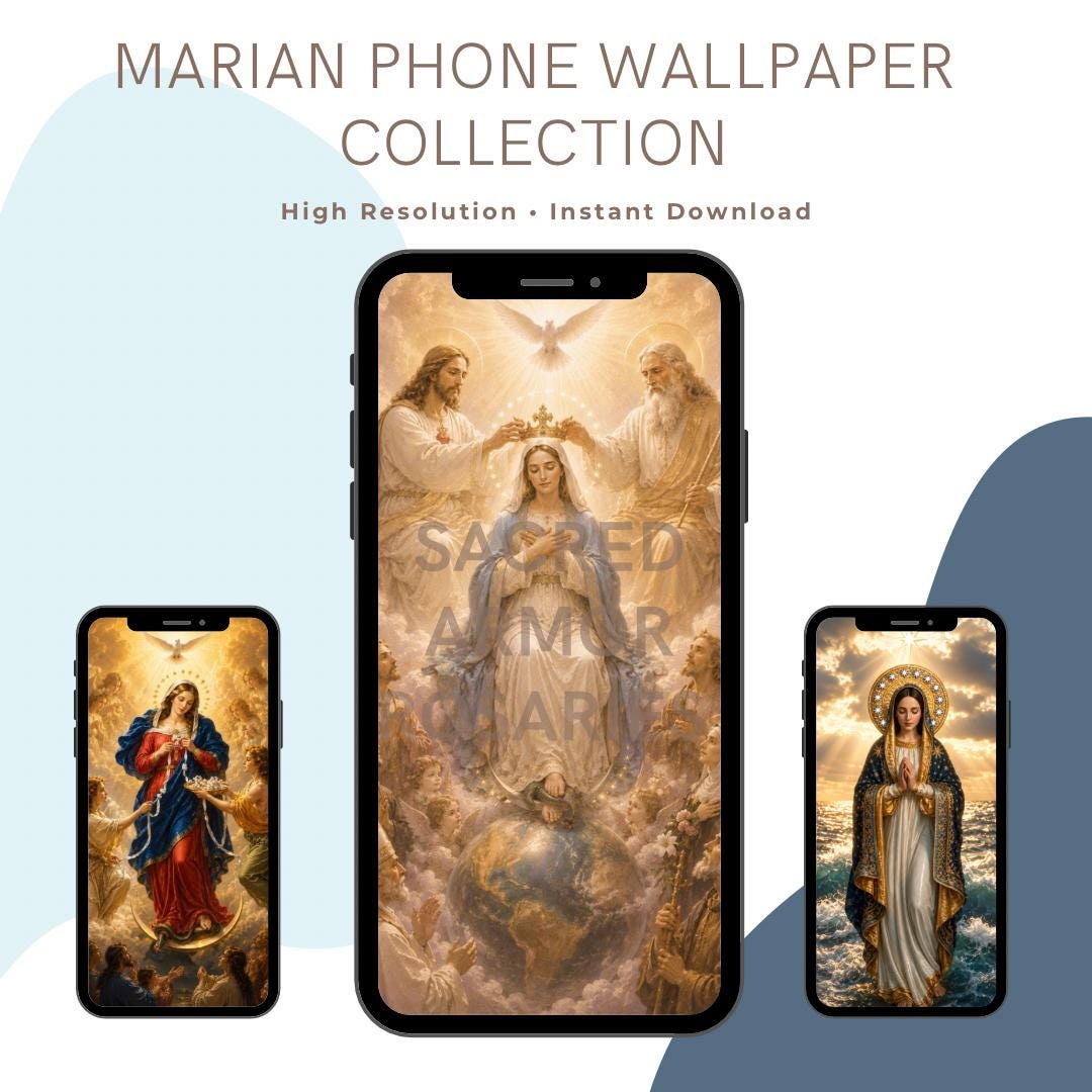 Marian phone wallpaper collection with three Virgin Mary backgrounds