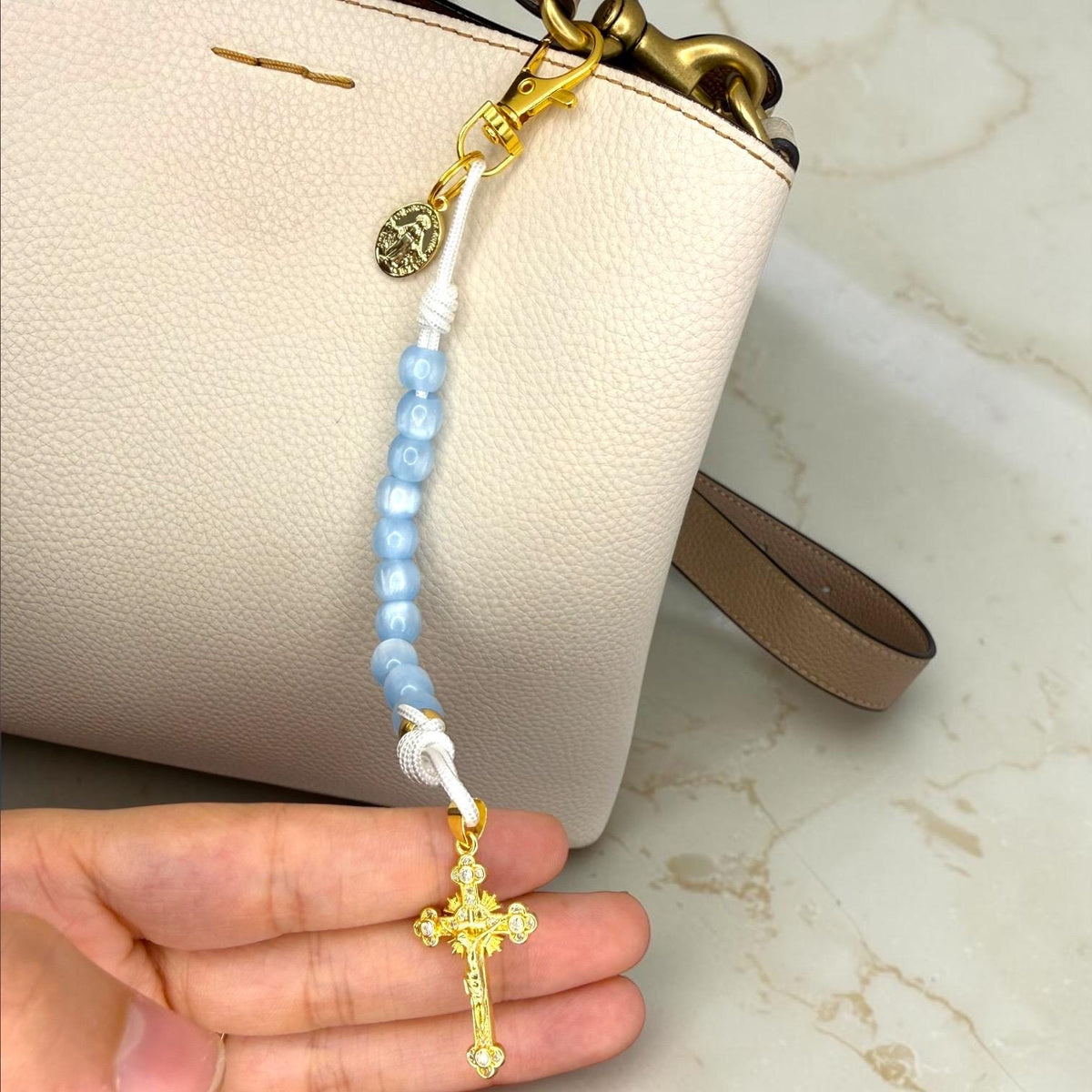 Blue Cat Eye Decade Rosary pocket prayer beads