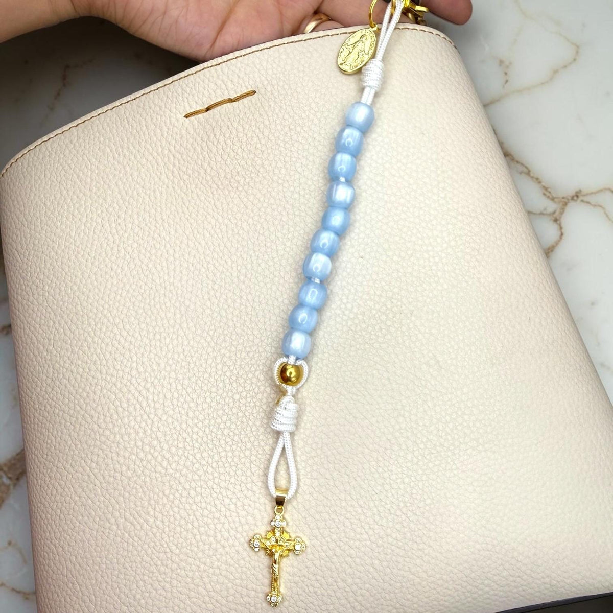 Blue Cat Eye Decade Rosary clasp and medal detail